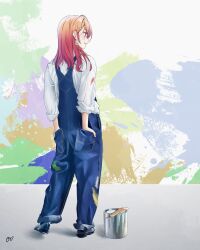 1girl absurdres alternate_costume arms_behind_back black_shoes blue_overalls commentary_request earrings from_behind gradient_hair hair_ornament hairclip hands_in_pockets highres hololive hololive_dev_is ichijou_ririka jewelry light_blush long_hair mori_nox multicolored_hair open_mouth orange_eyes orange_hair overalls paint paint_can paint_on_clothes paintbrush pants pants_rolled_up pink_hair profile shoes signature sleeves_rolled_up smile solo two-tone_hair white_background 