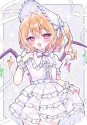  1girl absurdres alternate_costume alternate_headwear blonde_hair blush bonnet bow bowtie commentary_request crystal crystal_wings dress fang flandre_scarlet frilled_dress frilled_wrist_cuffs frills highres holding_own_dress ichigousagi lolita_fashion looking_at_viewer multicolored_wings one_side_up open_mouth puffy_short_sleeves puffy_sleeves red_eyes short_sleeves smile solo touhou white_bonnet white_bow white_bowtie white_dress white_wrist_cuffs wings wrist_cuffs 