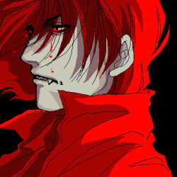  1boy alternate_hair_color alucard_(hellsing) blood blood_from_eyes fang from_side hellsing jacket lowres male_focus oekaki portrait red_hair red_jacket red_theme sharp_teeth solo teeth toshimichi_yukari 