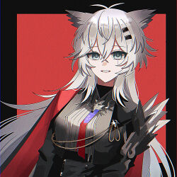  1girl aiguillette animal_ears arknights black_border black_jacket bolo_tie border cape commentary crossed_bangs film_grain grey_eyes grey_hair grin hair_between_eyes hair_ornament hairclip jacket lappland_(arknights) lappland_the_decadenza_(arknights) long_hair looking_at_viewer outside_border red_background red_cape scar scar_across_eye scar_on_face shiroiro_obake smile solo upper_body wolf_ears wolf_girl 