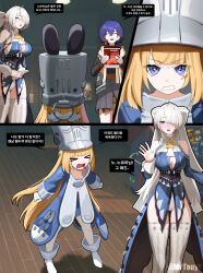  3girls absurdres bare_shoulders belle_(zenless_zone_zero) blue_dress blue_hair blush bow breasts clenched_teeth closed_eyes commentary_request dress earrings english_commentary hair_between_eyes hair_bow hair_over_one_eye hat highres jewelry korean_text large_breasts long_hair multiple_girls norma_hollowell open_mouth panties pointy_ears short_hair teeth tony_maverick underwear velina_airgid violet_eyes white_hair white_panties zenless_zone_zero 