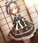  1girl :d absurdres black_gloves bloomers bow cura dress elbow_gloves frills game_cg gloves gothic_lolita hair_bow hair_ribbon highres lolita_fashion monobeno multicolored_hair open_mouth red_eyes redhead ribbon smile solo sumi_(monobeno) two-tone_hair underwear white_hair 