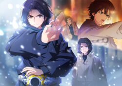  arcle_(kuuga) black_hair black_necktie black_shirt black_vest blue_eyes brown_eyes brown_hair brown_jacket collared_shirt commentary_request godai_yuusuke grey_jacket hair_between_eyes henshin_pose jacket kamen_rider kamen_rider_kuuga_(series) long_sleeves necktie open_clothes open_jacket open_mouth parted_bangs puffy_long_sleeves puffy_sleeves shirt snowing tsuezu vest white_shirt 