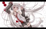  1girl animal_ears blood cat_ears cat_tail detached_sleeves fang hatsune_miku headphones letterboxed long_hair necktie red_eyes silver_hair skirt solo tail thigh-highs toki_(toki-master) twintails very_long_hair vocaloid 