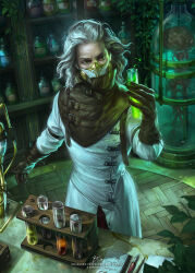  1boy artist_name blondynkitezgraja cage cork flask gloves green_eyes highres indoors jar lab_coat liquid male_focus mask mouth_mask original plant solo standing test_tube vial watermark web_address white_hair 