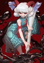  1girl absurdres bare_shoulders blue_dress commentary curly_hair dress earrings frilled_dress frills highres holding holding_spork horizontal_pupils horn_ornament horn_ribbon horns jewelry meandros mizuki_0630 oversized_object patterned_clothing petroleum pointy_ears rectangular_pupils red_background red_horns red_sleeves ribbon sharp_teeth sheep_horns smile spork teeth touhou toutetsu_yuuma utensil white_hair 