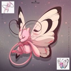  artist_name blue_eyes butterfree colored_skin fusion grey_background highres leoiruga mew_(pokemon) no_humans pink_skin pokemon pokemon_(creature) red_eyes tail wings 