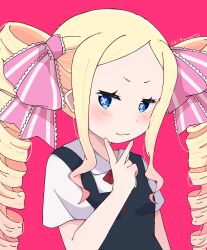  1girl :3 absurdres artist_name beatrice_(re:zero) blonde_hair blue_eyes blush butterfly-shaped_pupils commentary_request dress drill_hair forehead hair_ribbon highres long_hair looking_at_viewer official_alternate_costume pinafore_dress pink_pupils pink_ribbon re:zero_kara_hajimeru_isekai_seikatsu red_background ribbon short_sleeves simple_background sleeveless sleeveless_dress solo sunegg1112 symbol-shaped_pupils twin_drills upper_body v 