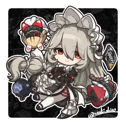  1girl alexandrina_sebastiane anastella_(zenless_zone_zero) bangboo_(zenless_zone_zero) black_background black_dress black_gloves border breasts chibi chibi_only dress drusilla_(zenless_zone_zero) gloves grey_hair hair_between_eyes long_hair looking_at_viewer maid maid_headdress pantyhose_cutout partially_fingerless_gloves red_eyes smile twitter_username very_long_hair white_border yuki_shiro zenless_zone_zero 