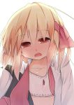  1girl blonde_hair blush hair_ribbon looking_at_viewer open_clothes open_mouth open_shirt red_eyes ribbon rumia shamo_(koumakantv) short_hair simple_background solo touhou underwear white_background 