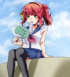  1girl afterimage alternate_hairstyle angel_beats! arm_at_side black_hairband black_thighhighs blue_sailor_collar blue_skirt blue_sky blunt_bangs blush bow clenched_teeth commentary_request day fanning_self feet_out_of_frame frown green_bow green_eyes hair_bow hairband hand_fan hands_up holding holding_fan hot looking_ahead miniskirt motion_lines nakamura_yuri neckerchief negiko123123 outdoors pink_neckerchief pleated_skirt ponytail ramune red_hair sailor_collar sailor_shirt shirt sidelocks sitting skirt sky sleeves_rolled_up solo sweat teeth thigh-highs v-shaped_eyebrows white_shirt 