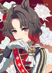  absurdres ahoge animal_ears biting biting_glove black_jacket blush brooch brown_hair commentary_request ear_flower epaulettes flower flower_brooch four-pointed_star gloves gradient_hair highres horse_ears horse_girl jacket jewelry long_sleeves looking_at_viewer miboshi_moroboshi multicolored_hair parted_lips print_sash red_hair red_sash rose rose_kingdom_(racing)_(umamusume) rose_kingdom_(umamusume) sash short_hair single_epaulette teeth two-tone_hair umamusume upper_body vertical-striped_sleeves white_gloves 