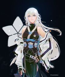  1girl bare_shoulders black_background black_gloves blue_eyes breasts closed_mouth crossed_bangs double-parted_bangs eiyuu_densetsu falling_petals fingerless_gloves floating_hair gloves hair_between_eyes hand_on_own_hip highres holding holding_sword holding_weapon jacket jacket_partially_removed katana kuro_no_kiseki_(series) kuro_no_kiseki_i light_smile long_sidelocks looking_at_viewer medium_breasts miche_(locominima) petals shizuna_rem_misurugi sidelocks simple_background snowflake_print snowflake_print_background solo sword twitter_username upper_body weapon white_hair white_petals 