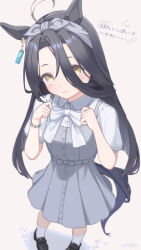  1girl animal_ears black_hair black_shoes bow bowtie closed_eyes commentary dress gasatsuneo grey_dress hair_between_eyes highres horse_ears horse_girl horse_tail loafers long_hair long_hair_between_eyes looking_at_viewer manhattan_cafe_(umamusume) pinafore_dress puffy_short_sleeves puffy_sleeves shirt shoes short_sleeves sleeveless sleeveless_dress socks solo tail umamusume untranslatable_commentary white_bow white_bowtie white_shirt white_socks yellow_eyes 