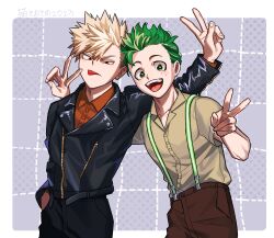  >:p 2boys :d :p absurdres arm_up asymmetrical_hair bakugou_katsuki belt black_belt black_jacket black_pants blonde_hair boku_no_hero_academia border brown_pants buttons closed_mouth collared_shirt commentary_request dated dotted_line double_v freckles green_eyes green_hair grid_background hair_between_eyes hand_in_pocket hand_up head_tilt heads_together highres jacket lapels leaning_to_the_side leather leather_jacket long_sleeves looking_at_viewer male_focus midoriya_izuku mori_dosukoi multiple_boys notched_lapels official_alternate_costume official_alternate_hairstyle open_cuffs open_mouth orange_shirt outside_border outstretched_arm pants partial_commentary pocket posing pouch purple_background red_eyes rounded_corners shirt shirt_tucked_in short_hair short_sleeves side-by-side sidecut smile spiky_hair suspender_pants suspenders teeth tongue tongue_out translation_request tsurime undercut upper_body upper_teeth_only v v-shaped_eyebrows white_border wing_collar yellow_shirt zipper zipper_pull_tab 