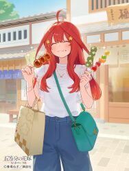  1girl :o ahoge bag blue_pants casual chewing closed_eyes dango double-parted_bangs eating food food_on_face frills full_mouth go-toubun_no_hanayome hair_ornament happy highres jewelry long_hair nakano_itsuki nao_(naaa_195) necklace outdoors pants red_hair see-through_clothes see-through_shirt shirt shopping_bag shoulder_bag sleeveless solo star_(symbol) star_hair_ornament very_long_hair wagashi white_shirt 