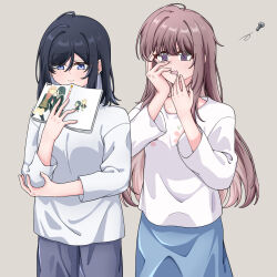  2girls @_@ adachi_sakura adachi_to_shimamura black_hair black_pants blue_eyes blue_skirt blush bolt_(hardware) book brown_hair chinese_commentary closed_mouth commentary_request grey_background highres holding holding_book long_hair medium_hair miyagi_shiori multiple_girls open_mouth pants sendai_hazuki shimamura_hougetsu shirt shuuniichido_classmate_wo_kau_hanashi simple_background skirt smile teng_xia53256 violet_eyes white_shirt yuri yuri_(object) 