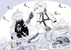  2boys ahoge antenna_hair belt black_cape cape capelet chest_harness chicken_(food) crossed_bangs cup detached_sleeves eating flins_(genshin_impact) food food_in_mouth food_on_face genshin_impact gloves glutton grey_background greyscale hair_between_eyes harness highres holding holding_cup hot_dog illuga_(genshin_impact) long_hair male_focus mole mole_under_eye monochrome mug multiple_boys plate ryoseiperiodo scar scar_on_arm scar_on_shoulder short_hair sleeveless sleeveless_turtleneck surprised sweater table turtleneck turtleneck_sweater upper_body white_background 