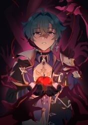  1boy absurdres ahoge apple armor belt belt_collar black_belt black_gloves blue_shirt choker coat collar collared_shirt colored_extremities earrings food fruit genshin_impact ghost_hands gloves gradient_background green_hair hair_between_eyes highres holding holding_food holding_fruit jewelry lohen_(genshin_impact) long_sleeves looking_at_viewer male_focus mole mole_under_eye monster_hands multicolored_eyes parted_lips red_hands sajinpanko shadow_hands shirt short_hair shoulder_armor single_earring solo twitter_username upper_body 