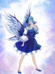  angel_wings armband blue_dress blue_hair closed_eyes cross dress frilled_sleeves gradient gradient_background hand_on_own_face headphones highres jewelry light_particles long_hair long_sleeves muutzi necklace sariel smile sparkle touhou touhou_(pc-98) wings 