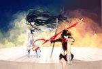  2girls 9tsumura black_hair blue_eyes boots epaulettes fingerless_gloves gloves high_heels junketsu katana kill_la_kill kiryuuin_satsuki living_clothes long_hair matoi_ryuuko midriff multicolored_hair multiple_girls navel redhead school_uniform senketsu sheath sheathed short_hair single_glove sitting skirt suspenders sword thigh_boots thighhighs two-tone_hair weapon 