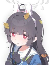  1girl animal_ears blue_archive blue_serafuku bright_pupils fake_animal_ears gloves green_neckerchief grey_halo halo highres leaf leaf_on_head long_hair long_sleeves looking_at_viewer millet_pepper miyu_(blue_archive) neckerchief red_eyes sailor_collar school_uniform serafuku simple_background solo white_background white_sailor_collar 