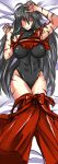  1girl abs bed_sheet black_hair blush breasts dakimakura hakama hakama_pull highres impossible_clothes japanese_clothes large_breasts leotard long_hair m.u.g.e.n nontraditional_miko original red_eyes rough scar sendai_hakurei_no_miko skin_tight solo touhou yagami_(mukage) 