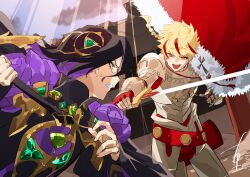  2boys absurdres ahoge amejuuri/terunomiya armor black_hair blonde_hair braid braided_ponytail brothers cape colored_inner_hair fate/grand_order fate_(series) fighting flower_ornament green_eyes hair_ornament highres holding holding_sword holding_weapon john_lackland_(fate) long_hair medium_hair multicolored_hair multiple_boys open_mouth purple_hair red_eyes red_streaks richard_i_(fate) siblings single_braid smile streaked_hair sweatdrop sword turtleneck two-tone_hair weapon 