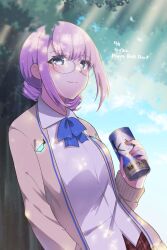  1girl absurdres against_tree blue_bow blue_bowtie blue_eyes bow bowtie can drink_can glasses heaven_burns_red highres higuchi_seika holding holding_can looking_at_viewer open_clothes open_shirt purple_hair puyopiku shirt tree white_shirt 