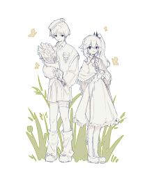  1boy 1girl alternate_costume asymmetrical_sidelocks beret blunt_ends bouquet bow bowtie braid bug butterfly casual choppy_bangs closed_mouth collared_dress collared_shirt contemporary dress eyelashes feathers frilled_dress frills fringe_trim full_body genshin_impact grass hair_ornament half_crown_braid hat height_difference highres holding holding_bouquet holding_letter leaf leaf_hair_ornament leg_warmers letter light_blush long_hair long_sleeves looking_at_viewer mary_janes medium_dress nahida_(genshin_impact) own_hands_together pantyhose partially_colored pointy_ears pom_pom_(clothes) scaramouche_(cat)_(genshin_impact) scaramouche_(genshin_impact) shawl shirt shoes shorts side_ponytail sidelocks smile standing taller_than_canon tareme thigh_strap tilted_headwear undershirt vest white_background yuekou 