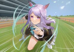  1girl absurdres animal_ears aqua_bow black_jacket black_skirt blue_sky blush bow bowtie closed_mouth coat commentary_request crowd duang_(user_tsag8258) ear_bow ear_ribbon frilled_coat frilled_jacket frills highres horse_ears horse_girl jacket long_hair long_sleeves mejiro_mcqueen_(frontline_elegance)_(umamusume) mejiro_mcqueen_(umamusume) outdoors pleated_skirt purple_hair ribbon running skirt sky sweat umamusume violet_eyes 