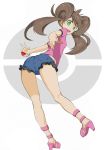  1girl ass brown_hair from_behind full_body green_eyes high_heels highres long_hair looking_at_viewer looking_back open_mouth pointing pointing_at_viewer poke_ball pokemon pokemon_(game) pokemon_xy quad_tails sana_(pokemon) short_shorts shorts smile solo twintails yorudo_kaoru 