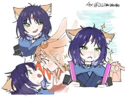  2girls ^^^ animal_ear_fluff animal_ears black_choker blonde_hair blue_hoodie cho_kaguya-hime! choker commentary crescent crescent_hair_ornament crying crying_with_eyes_open face-to-face forehead_jewel fox_ears glowstick green_eyes hair_ornament highres holding holding_glowstick hood hood_down hoodie kaguya_(cho_kaguya-hime!) llllwewewe long_hair looking_at_another looking_to_the_side lop_rabbit_ears multiple_expressions multiple_girls multiple_views open_mouth oshikatsu otaku profile purple_hair rabbit_ears sakayori_iroha short_hair smile streaming_tears sweatdrop tears twitter_username untranslatable_commentary upper_body white_background 