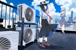  2girls adjusting_clothes adjusting_headwear against_railing balcony black_hair black_hat black_skirt black_socks blonde_hair blue_eyes bow brown_shoes building closed_mouth clouds collared_dress collared_shirt commentary_request condenser_unit contrast_collar day dinotodon dress hat hat_bow highres maribel_hearn medium_hair multiple_girls open_mouth puffy_short_sleeves puffy_sleeves purple_dress purple_shoes railing sash shirt shirt_tucked_in shoes short_sleeves skirt sleeve_cuffs socks standing touhou usami_renko white_sash white_shirt yellow_eyes 