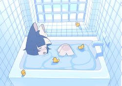  1girl animal_ears bad_source bathing bathroom bathtub black_hair blonde_hair blunt_bangs cat_ears cat_girl closed_eyes cropped evilfrap faucet highres mismatched_animal_ear_colors multicolored_hair original rubber_duck solo split-color_hair two-tone_hair wet wet_hair window 
