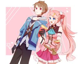  1boy 1girl :d ahoge ascot black_choker black_gloves blue_ascot blue_eyes blue_jacket bob_cut border choker closed_mouth crepe detached_sleeves eiyuu_densetsu food gloves hair_ornament hairclip highres holding holding_crepe holding_food jacket kuro_no_kiseki_(series) kuro_no_kiseki_ii long_hair long_sleeves nadia_rayne open_clothes open_jacket open_mouth outside_border parted_bangs pink_background pink_jacket pink_skirt rai_5555_ruuri red_eyes simple_background skirt smile star_(symbol) swin_abel twintails upper_body very_long_hair white_border 