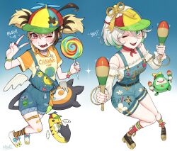  2girls ;d absurdres ahoge alternate_costume bandaid bandaid_on_leg baseball_cap black_hair black_shoes black_socks black_tail blonde_hair blue_background blue_overalls braid candy cecilia_immergreen choker colored_inner_hair commentary cropped_shirt denim denim_overalls detached_wings doll doll_joints double-parted_bangs earrings earth_(planet) english_commentary english_text familiar food frilled_shorts frills full_body gigi_murin glint gradient_background green_eyes green_hair grem_(gigi_murin) grey_hair hair_between_eyes hair_ornament hair_through_headwear hat highres holding holding_candy holding_food holding_instrument holding_lollipop holding_maracas hololive hololive_english instrument jewelry joints lollipop looking_at_viewer low_wings maracas meme migokami multicolored_hair multicolored_hat multiple_girls multiple_rings off-shoulder_shirt off_shoulder one_eye_closed open_mouth orange_shirt orange_socks otomo_(cecilia_immergreen) overall_shorts overalls planet platform_shoes print_shirt propeller_hat_and_lollipop_dog_(meme) red_eyes red_socks ring sharp_teeth shirt shoes short_hair shorts side_braid sidelocks single_braid single_off_shoulder smile socks streaked_hair striped_clothes striped_socks tail talking teeth tongue tongue_out twintails two-tone_hair two-tone_socks upper_teeth_only v virtual_youtuber white_background white_hair white_shirt white_shoes winding_key wings 