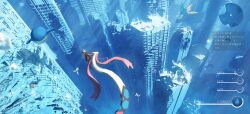  1girl absurdres asteroid_ill bubble building commentary_request diving_helmet dragonite fake_screenshot from_above helmet highres milotic minimap octillery pokemon pokemon_(creature) pokemon_focus remoraid ruins scenery sharpedo skyscraper submerged tentacruel underwater user_interface wailmer water wide_shot 
