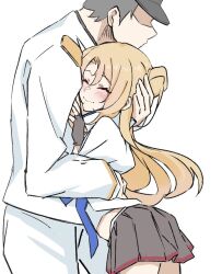  1boy 1girl azur_lane black_gloves black_hair black_skirt blonde_hair blush bu4321 cleveland_(azur_lane) closed_mouth commander_(azur_lane) commentary_request faceless faceless_male fingerless_gloves from_side gloves hat highres hug long_hair military_uniform naval_uniform one_side_up peaked_cap pleated_skirt short_hair simple_background skirt smile white_background 