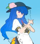  1girl blue_hair bow flat_color food fruit hinanawi_tenshi light_smile long_hair peach puffy_short_sleeves puffy_sleeves short_sleeves solo space_jin touhou translation_request violet_eyes 