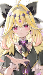  1girl antenna_hair black_bow black_capelet black_dress blonde_hair blush bow breasts brooch capelet crossed_bangs cure_arcana_shadow diamond_hairband dress earrings gold_trim hair_bow hair_intakes highres jewelry long_hair looking_at_viewer meitantei_precure! moria_luluka natsume_eri precure purple_veil small_breasts smile solo veil very_long_hair violet_eyes wrist_cuffs 