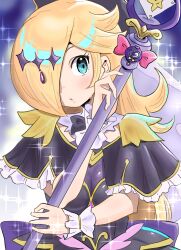  1girl absurdres black_capelet black_dress blonde_hair blue_eyes breasts capelet commentary_request cosplay cure_arcana_shadow cure_arcana_shadow_(cosplay) detesu diamond_hairband dress frilled_capelet frilled_cuffs frills hair_over_one_eye head_tilt highres holding holding_staff long_hair looking_at_viewer meitantei_precure! official_alternate_costume parted_lips precure rosalina see-through_cleavage see-through_clothes solo sparkle staff super_mario_bros. super_mario_galaxy tear_arcana_rod upper_body 