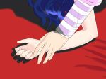  2girls aida_mana bed blue_hair couple dokidoki!_precure hands head_out_of_frame hishikawa_rikka long_hair multiple_girls on_bed precure red salnar shadow wrist_grab yuri 