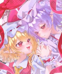  2girls absurdres ascot blonde_hair blush closed_mouth collared_shirt commentary fang flandre_scarlet frilled_shirt_collar frills hat hat_ribbon highres holding_hands interlocked_fingers long_hair mob_cap multiple_girls one_side_up open_mouth pink_hat pink_shirt pink_skirt pointy_ears purple_hair red_eyes red_vest remilia_scarlet ribbon shirt siblings sisters skin_fang skirt skirt_set smile touhou upper_body vest white_hat white_shirt wrist_cuffs yellow_ascot yoshino_(q_sci) 