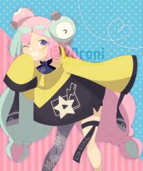  1girl bow-shaped_hair character_hair_ornament commentary_request grin hair_ornament heart iono_(pokemon) jacket koroni_(nkrgs) leaning long_hair long_sleeves looking_at_viewer multicolored_hair one_eye_closed pokemon pokemon_scarlet_and_violet single_leg_pantyhose sleeves_past_fingers sleeves_past_wrists smile solo star_(symbol) star_print teeth thigh_strap twintails twitter_username two-tone_hair watermark yellow_jacket 