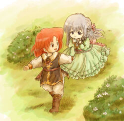  1boy 1girl aged_down alternate_costume aqua_dress beads black_tunic boots brother_and_sister brown_boots child commentary_request dress fire_emblem fire_emblem:_genealogy_of_the_holy_war flower grey_hair hair_beads hair_ornament holding holding_flower holding_hands julia_(fire_emblem) juliet_sleeves julius_(fire_emblem) long_hair long_sleeves looking_at_another looking_back lowres open_mouth outdoors pants puffy_sleeves red-50869 red_eyes red_hair short_hair siblings smile tunic twins walking white_pants white_sleeves 