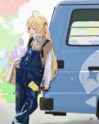  1girl absurdres ahoge alternate_costume blonde_hair blue_car blue_overalls brown_sweater_vest car collared_shirt commentary_request dress_shirt feet_out_of_frame hair_ornament hair_ribbon hand_in_pocket highres holding hololive hololive_dev_is light_blush long_hair looking_afar looking_to_the_side mori_nox motor_vehicle musical_note musical_note_hair_ornament one_side_up open_mouth otonose_kanade overalls paint_gun paint_on_clothes red_ribbon ribbon shirt signature smile solo standing sweater_vest van very_long_hair virtual_youtuber white_shirt yellow_eyes 