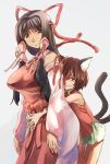  2girls animal_ears bare_shoulders breasts cat_ears cat_tail chen detached_sleeves grin hair_ribbon hair_tubes hug hug_from_behind large_breasts m.u.g.e.n multiple_girls multiple_tails no_hat ribbon sendai_hakurei_no_miko skirt smile tail touhou yohane you_gonna_get_raped 