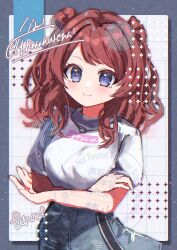  1girl blue_eyes blush brown_hair commentary crossed_arms denim denim_skirt dotted_line gakuen_idolmaster grid_background h_karakurenai hair_rings hanami_saki highres idolmaster long_hair looking_at_viewer official_alternate_costume shirt short_sleeves skirt smile solo t-shirt two_side_up watermark white_shirt 