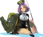  1girl blush breasts glaive gloves kantai_collection kishi_kaisei mechanical_halo personification purple_hair school_uniform short_hair sitting skirt smile tatsuta_(kantai_collection) torpedo violet_eyes wariza 